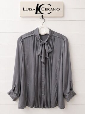 LUISA CERANO Gray Satin Tie-Neck Blouse Size 10